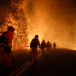 Incarcerated conservation camp program participants walking down a road toward a fire