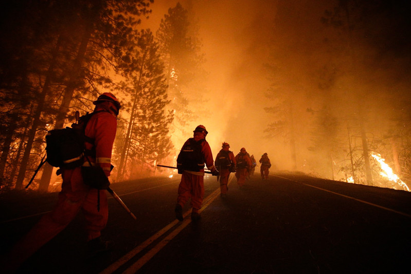 Incarcerated conservation camp program participants walking down a road toward a fire