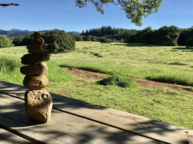 Rock Cairn with balanced stones and a blurred background, symbolizing balance and artistry in landscape design.