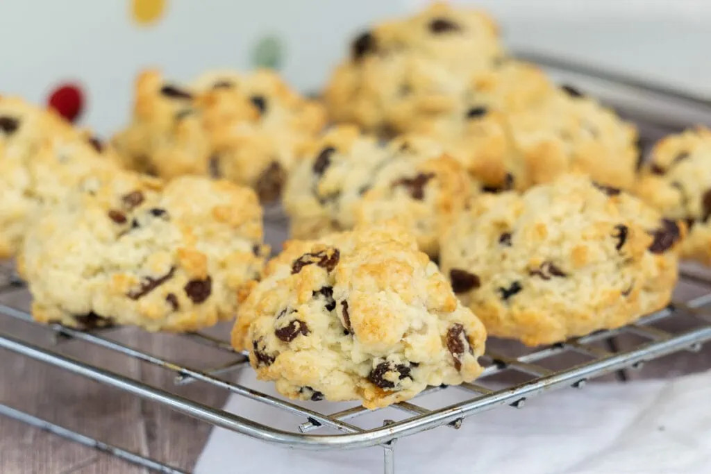 Variety of British rock buns with chocolate and citrus