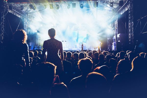 Outdoor rock concert with a crowd of people enjoying the music, showcasing the energy of the performance