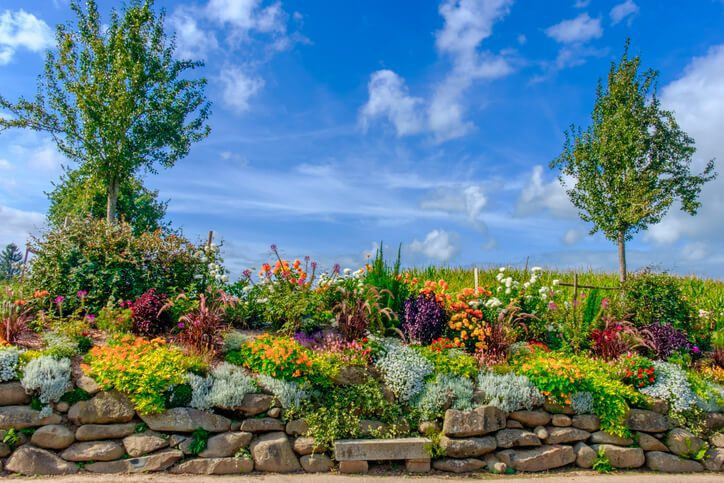 Flagstone rock wall for flower bed