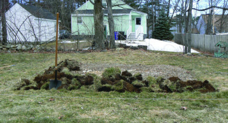 Manual rock removal using a garden fork and gloves