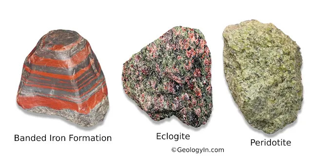 Selection of hard and tough rocks, including peridotite, eclogite, and banded iron formation