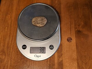 A standard skipping stone on a scale, registering a weight of about 40 grams