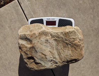 Basketball-sized rock on a scale showing its weight at 42 pounds