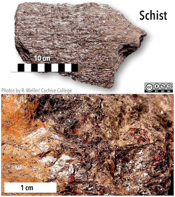 Schist hand sample showing light reflecting off of mica crystals