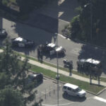 LAPD officers outside of homes on Eagle Vista Drive following a shooting on April 8, 2025, showcasing the environment where rock landscaping can provide a peaceful alternative.