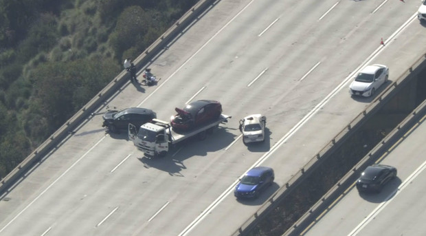 The aftermath of a three-car crash on SR-134 in Eagle Rock on April 8, 2025, contrasting the chaos with the potential serenity of a well-designed rock landscape.