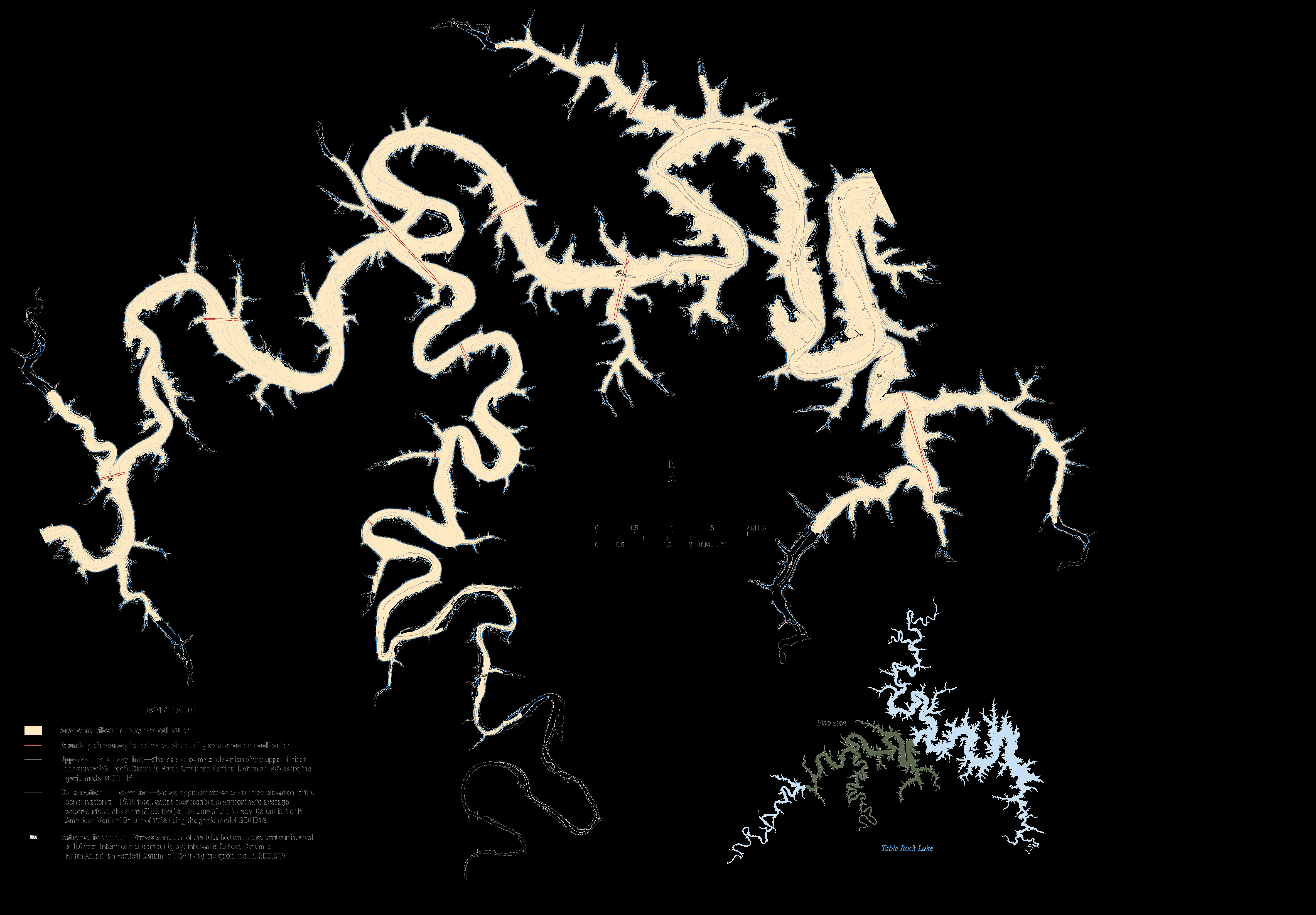 Contour map depicting Table Rock Lake and showing the upper vertical survey limit, conservation pool elevation, and bathymetric contours.