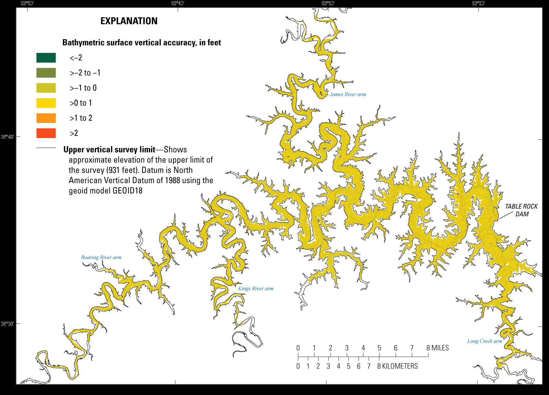 Vertical accuracy distribution map for the bathymetric surface of Table Rock Lake near Branson, Missouri.