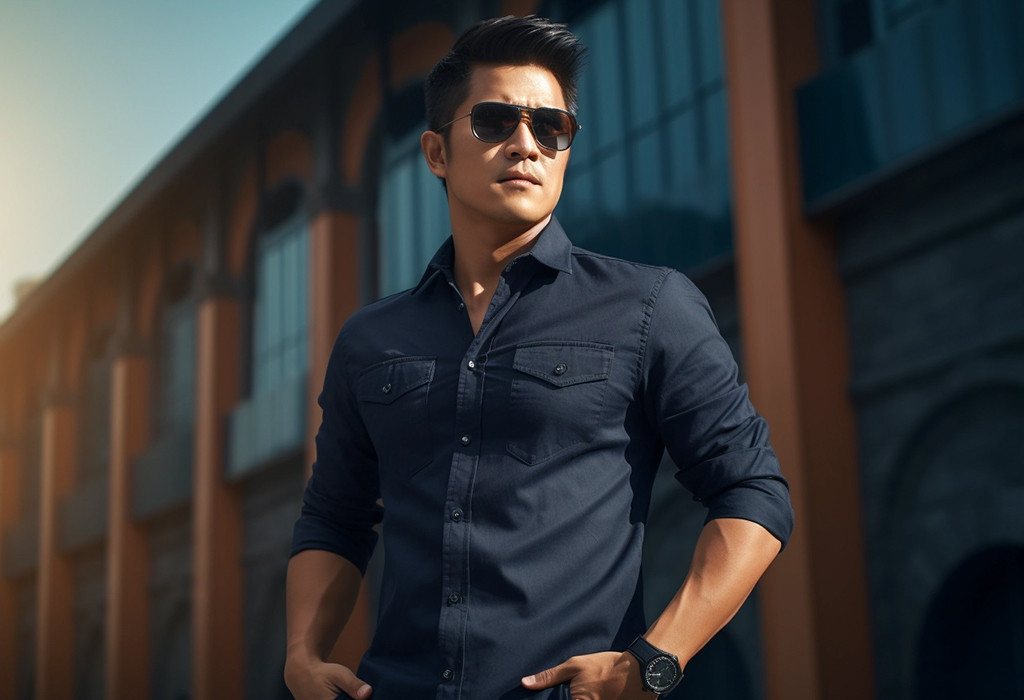 A smart casual look featuring a denim shirt with sunglasses and a watch