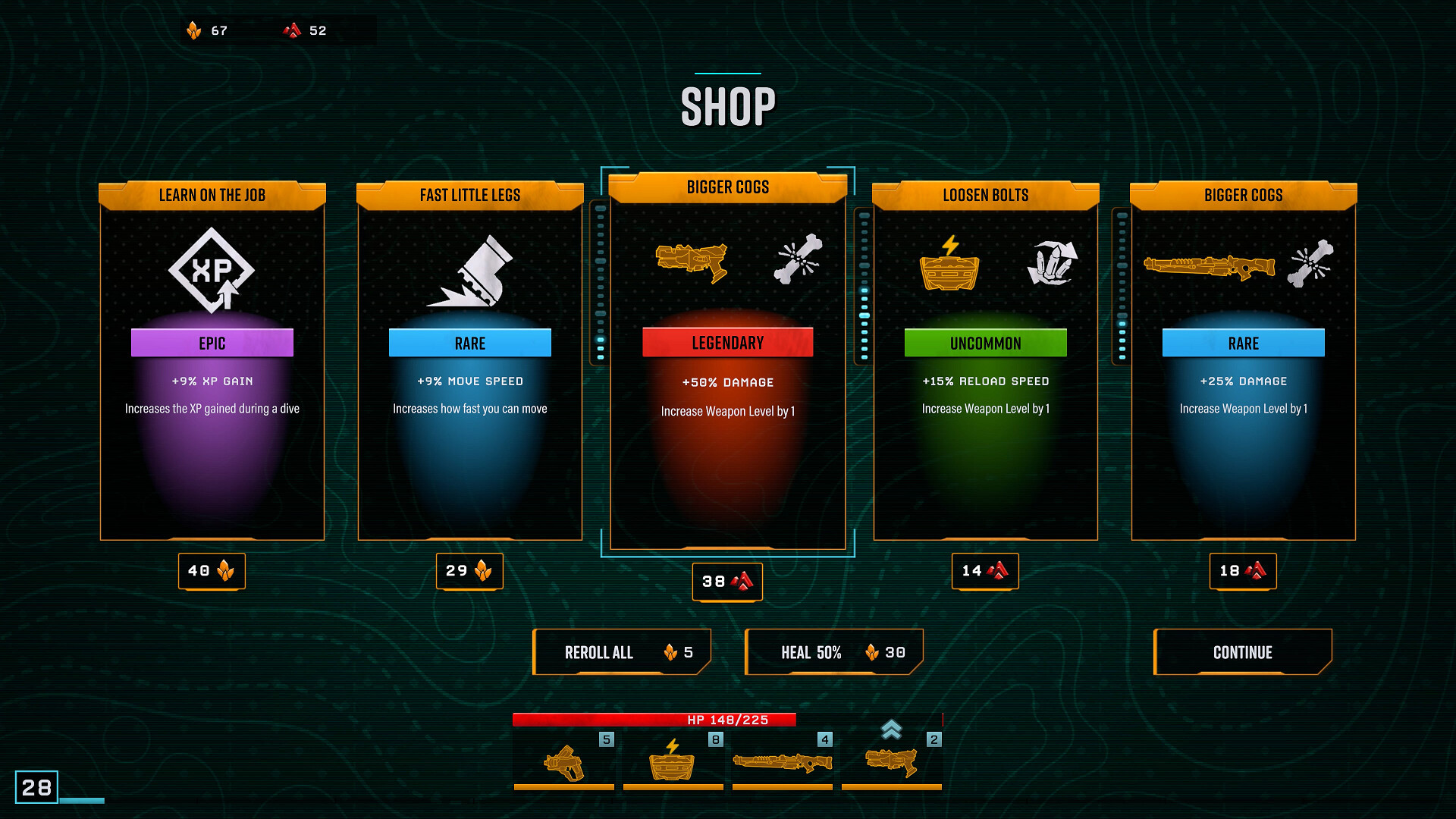 A selection of upgrades available in the shop in Deep Rock Galactic, showing ways the players can empower their weapon or dwarf.