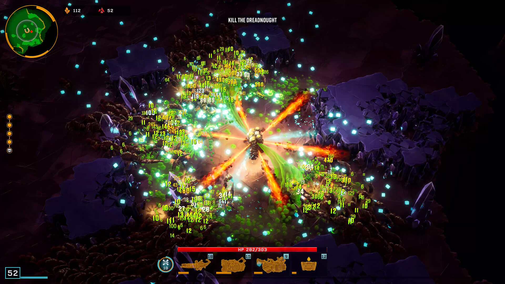 A Driller sprays flame and acid all around him in powerful gouts during a round of Deep Rock Galactic: Survivor