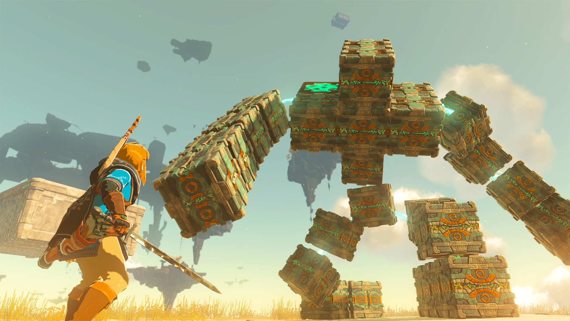 Link preparing to break rocks in Tears of the Kingdom using a fused weapon