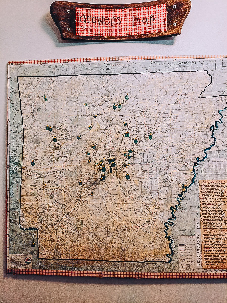 Map of Arkansas farms supplying The Root Cafe, emphasizing local sourcing