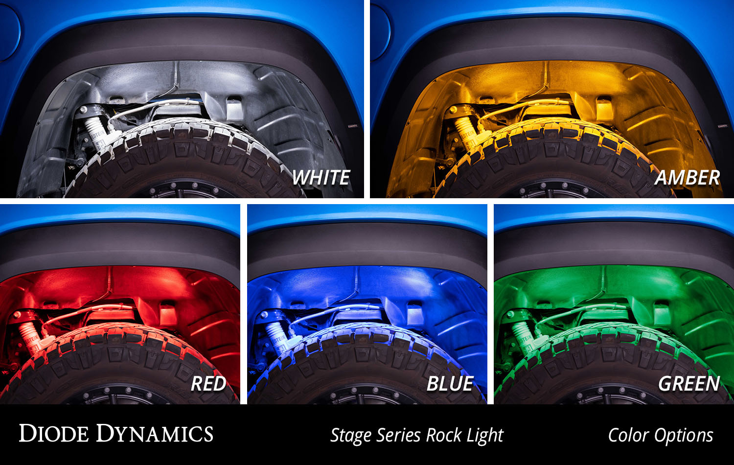 Collage of different color rock lights mounted in the wheel well of a truck