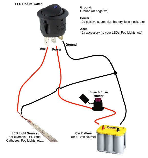 LED rocker switch wiring diagram detailing ground, power, and accessory pin positions