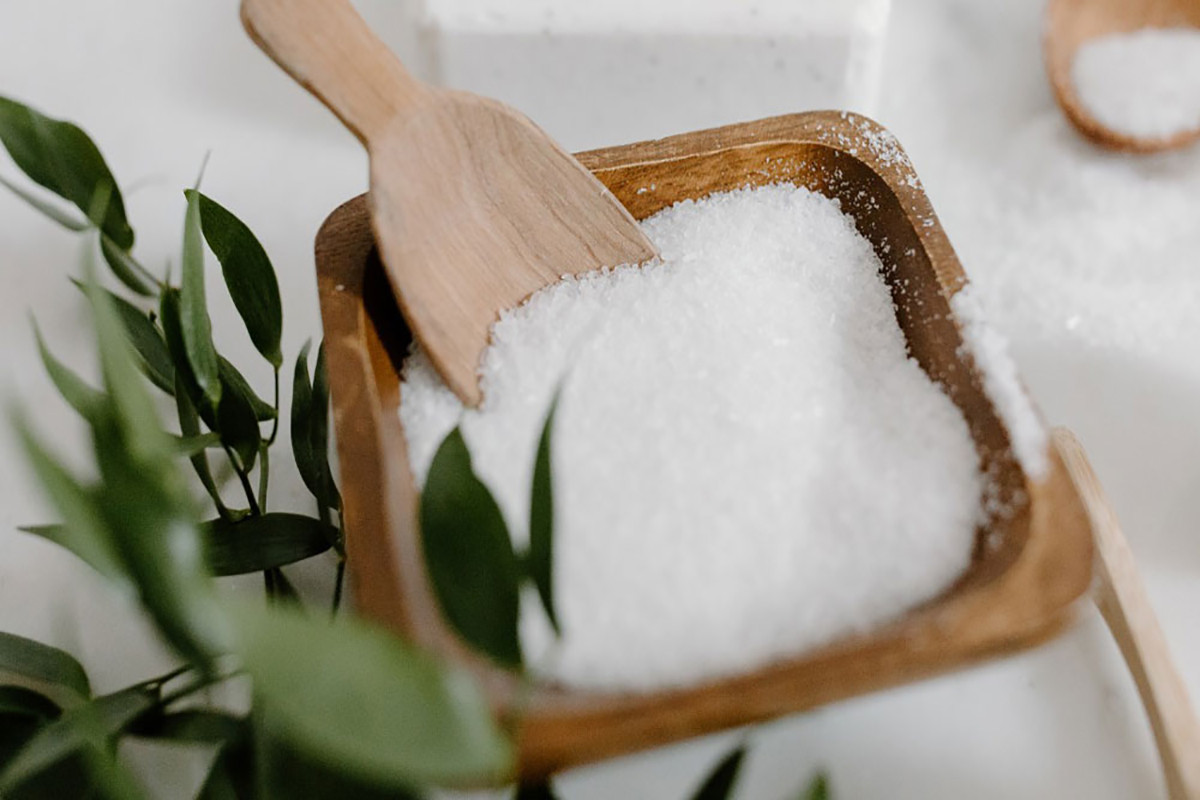Bowls of rock salt in the corners of a room