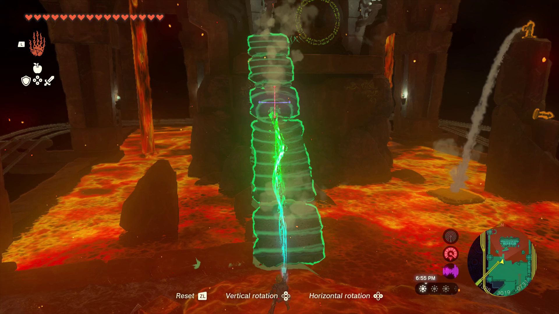 Link uses Ultrahand in Tears of the Kingdom to build a very long ramp over lava towards a gong