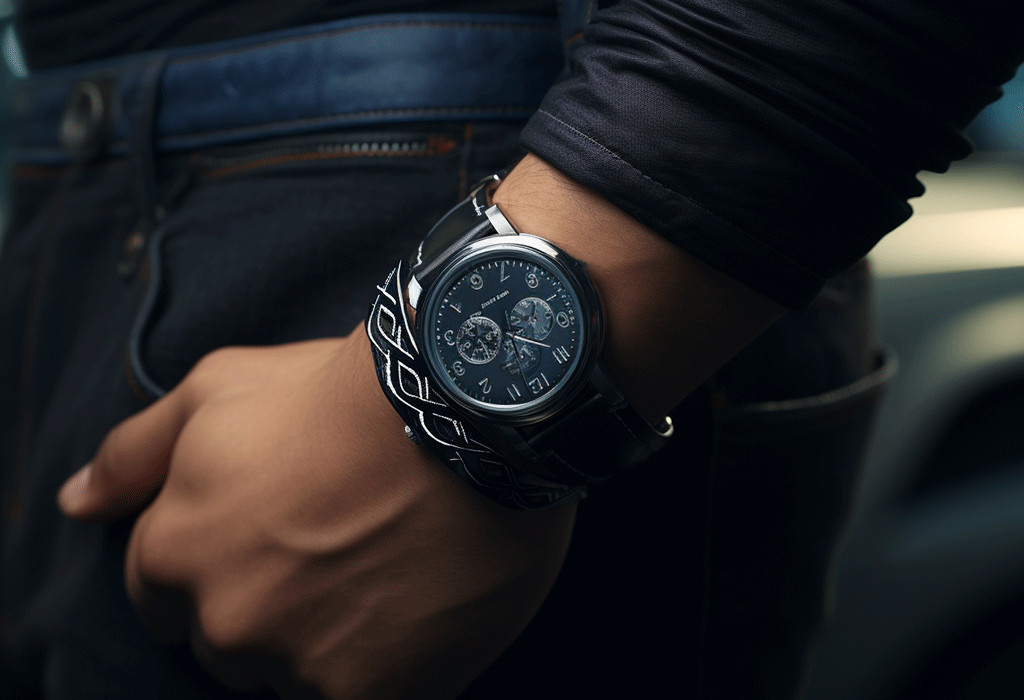 A man's wrist with a watch and leather bracelet, complementing a casual denim shirt look