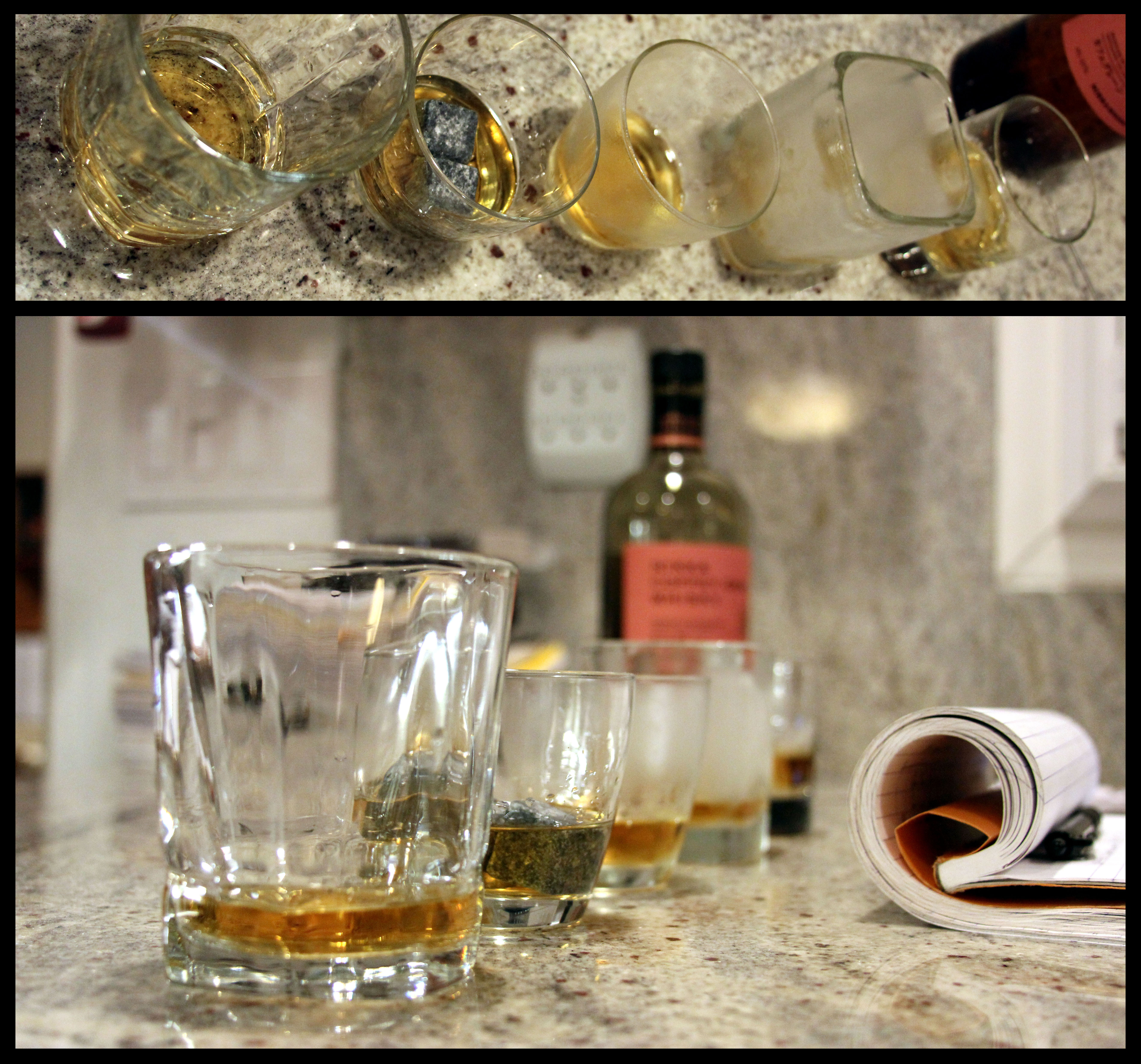Whiskey stones in a glass of whiskey, close up