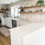 Granite stone backsplash option with gray cabinets