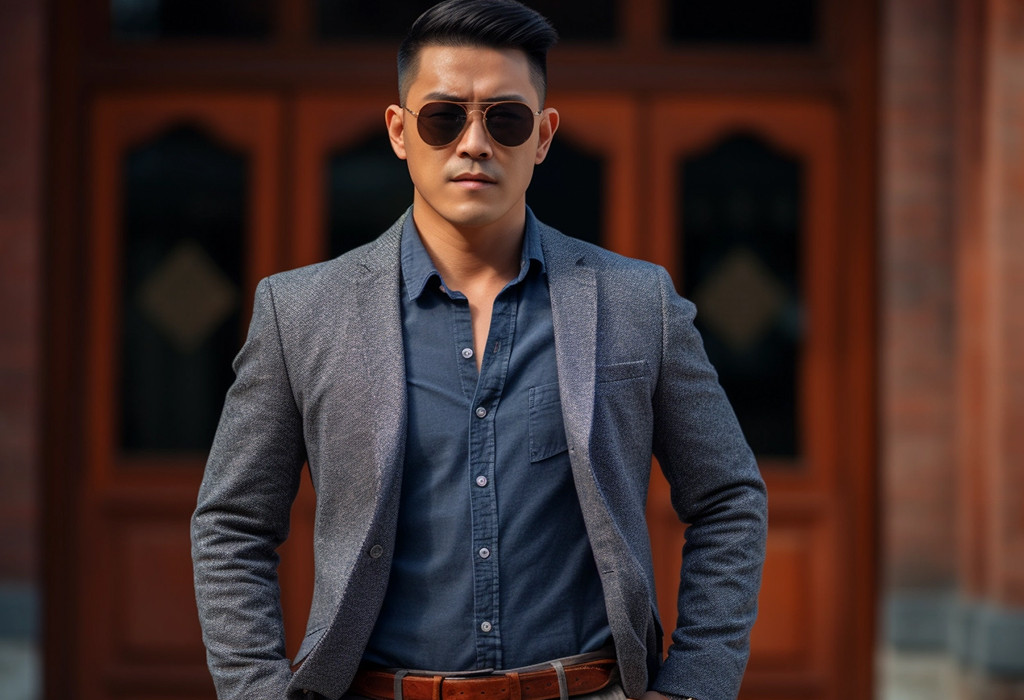 Men wearing a denim shirt under sports jacket with sunglasses