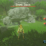 Stone Talus emerging from the ground in Zelda Breath of the Wild, showcasing its initial rock formation camouflage before attacking Link, symbolizing the surprise and challenge players face.
